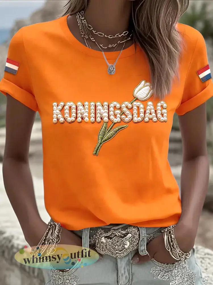 Dames Nederlands Oranje Koningsdag T-shirt met tulpenaanval casual - Sinaasappel / S