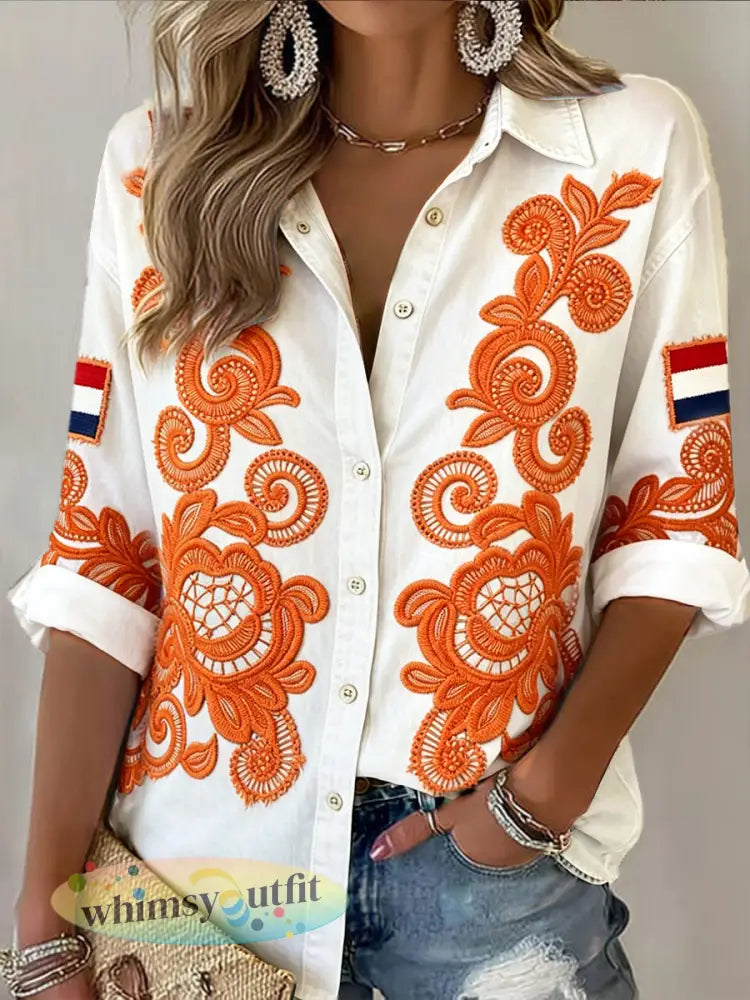 Dames Nederlands vlag bloemenkant print casual modieuze blouse - Wit / S