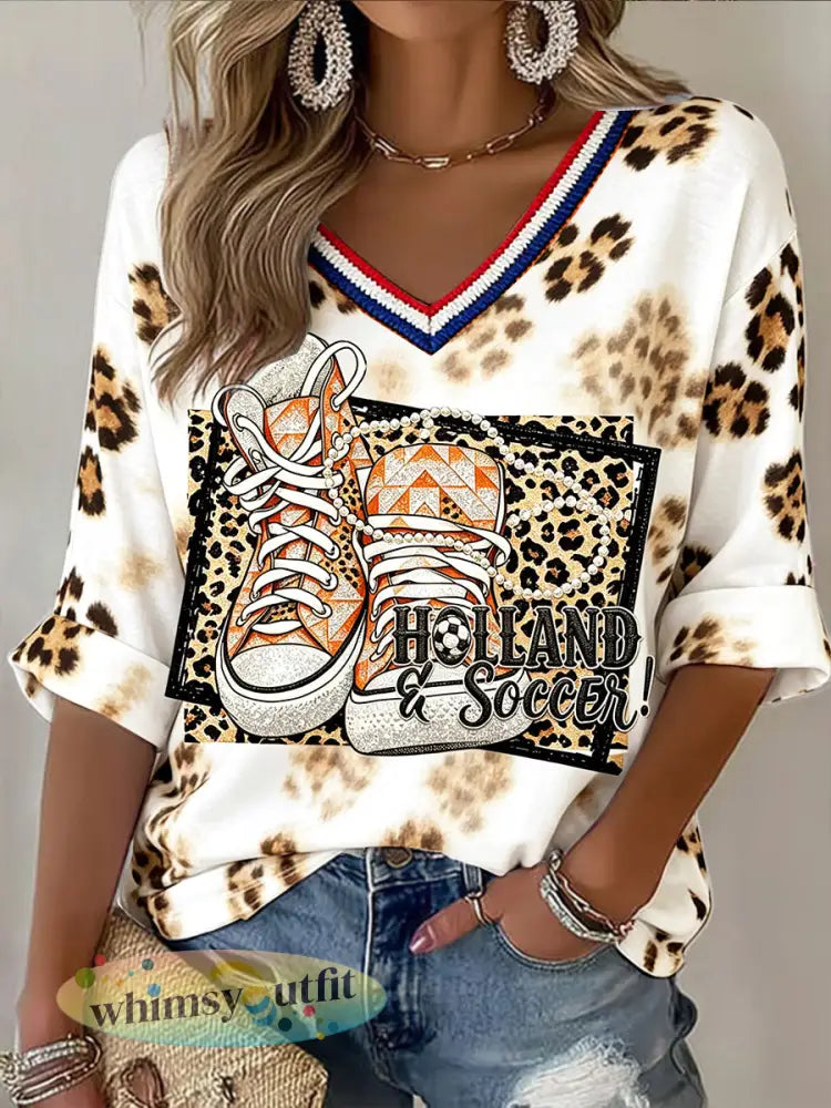Dames Nederlands Voetbal Luipaardprint Casual T-shirt - Wit / S
