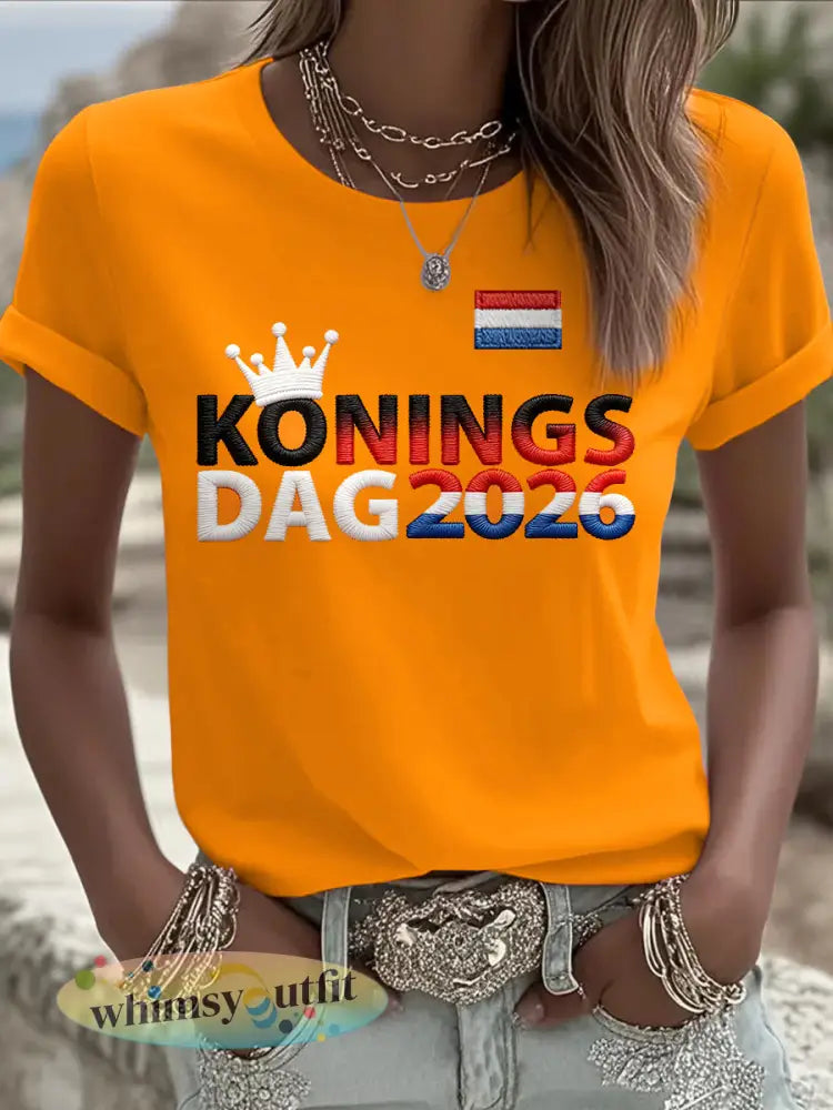Dames Nederlandse 2026 Koningsdag Geborduurde Print Oranje Casual T-shirt - Sinaasappel / S