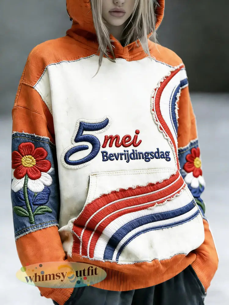 Dames Nederlandse Bevrijdingsdag Bloemen Patchwork Print Casual Sweatshirt met capuchon - Veelkleurig / S
