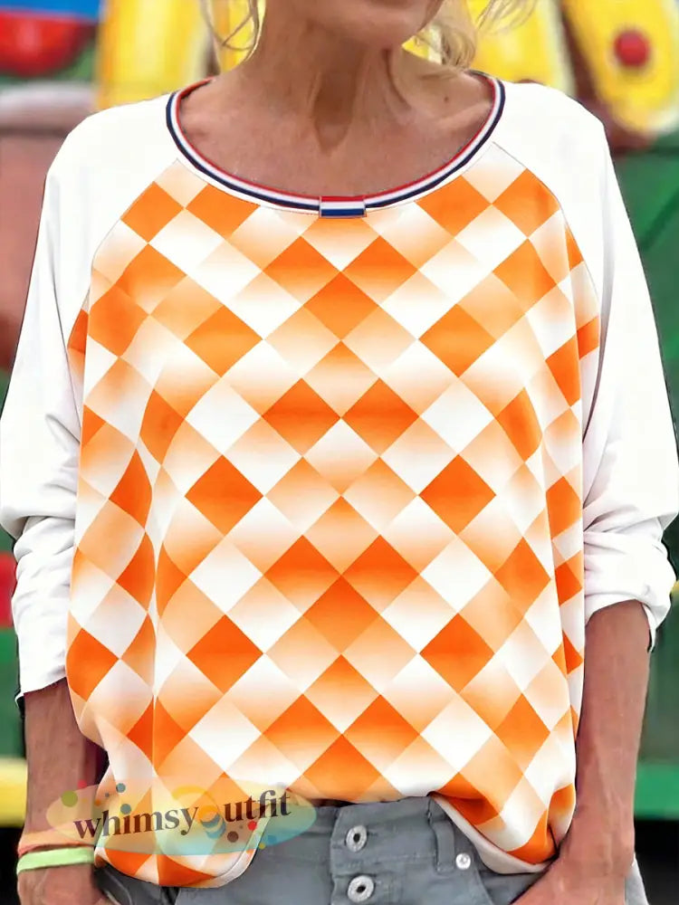 Dames Nederlandse geometrische ruit patchworkprint casual T-shirt met lange mouwen - Oranje wit / S