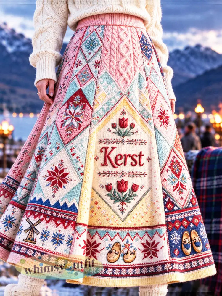 Dames Nederlandse Kerst Etnische Patchwork Print Casual AutumnWinter Rok - Roze / S