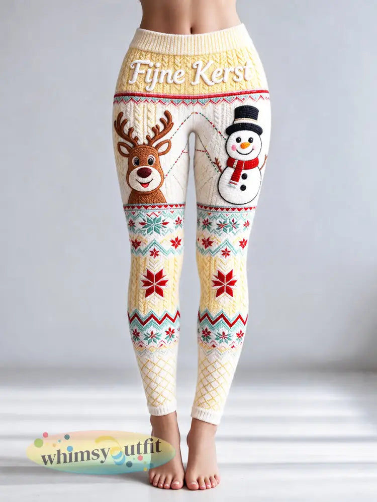 Dames Nederlandse kerst patchwork print casual leggings - Geel / S