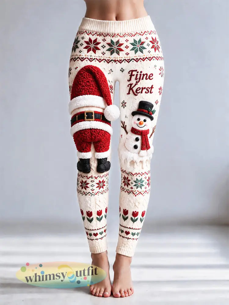 Dames Nederlandse kerst reliëfprint casual leggings - Romig-Wit / S