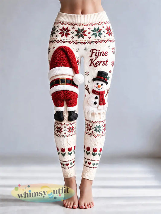 Dames Nederlandse kerst reliëfprint casual leggings - Romig-Wit / S
