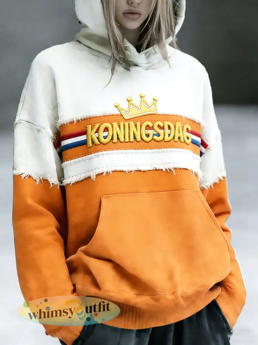 Dames Nederlandse Koningsdag 3D Patchwork Print Casual Sweatshirt met capuchon - Sinaasappel / S