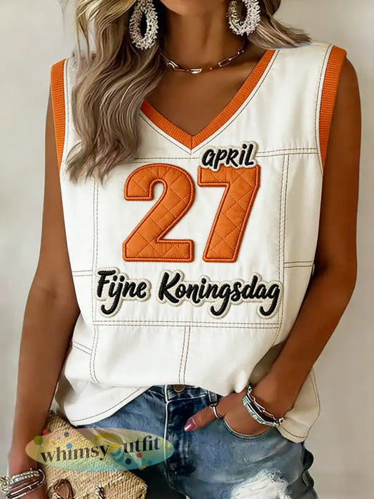 Dames Nederlandse Koningsdag 3D Patchwork Print Casual Vest - Wit / S