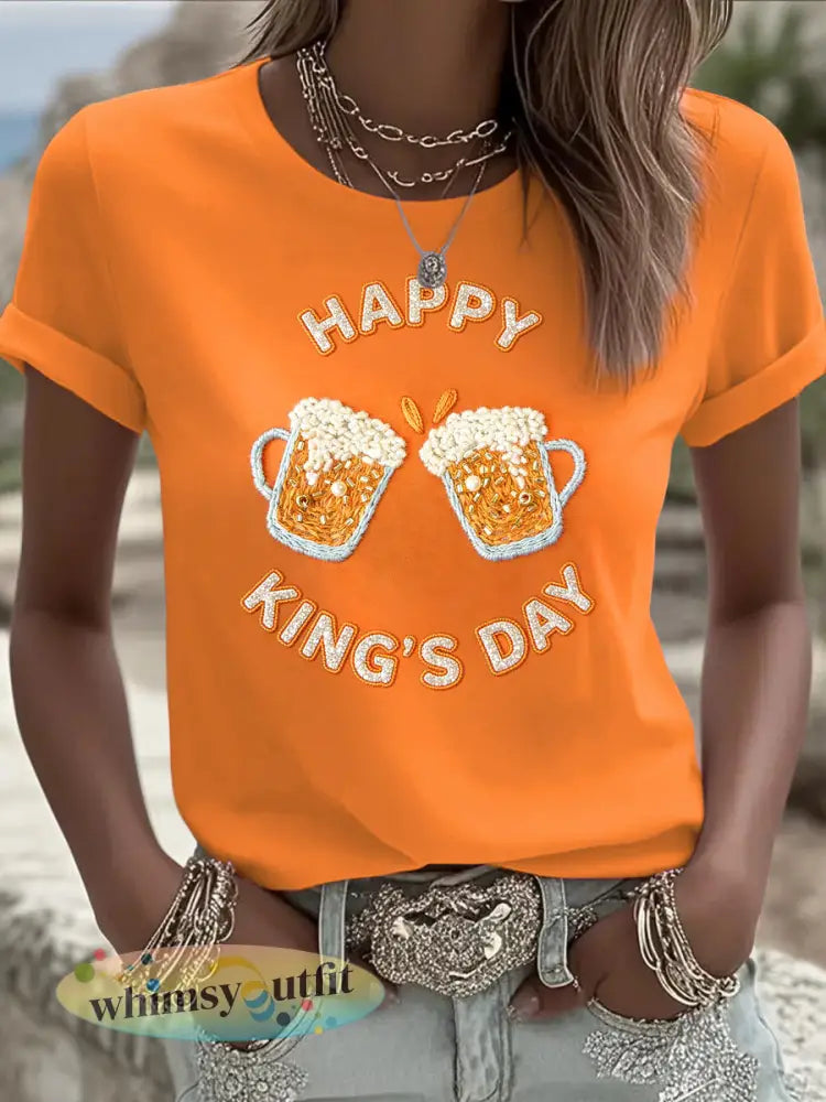 Dames Nederlandse Koningsdag Bier 3D-Gedrukt Casual T-shirt - Sinaasappel / S