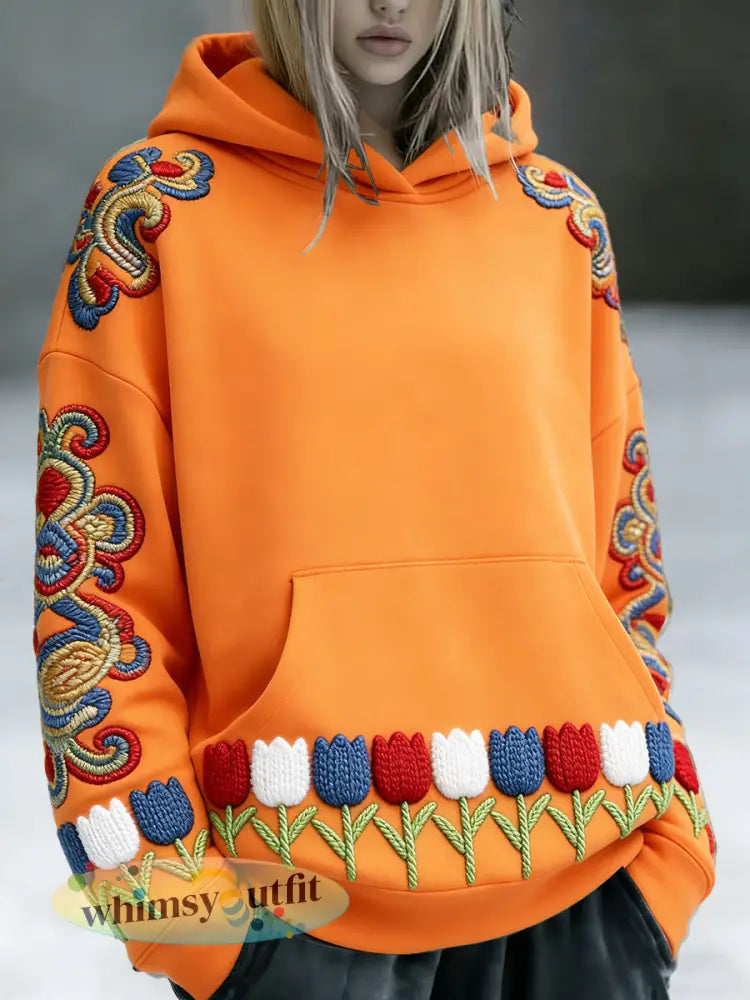 Dames Nederlandse Koningsdag bloemen 3D-print oranje hoodie - Sinaasappel / S