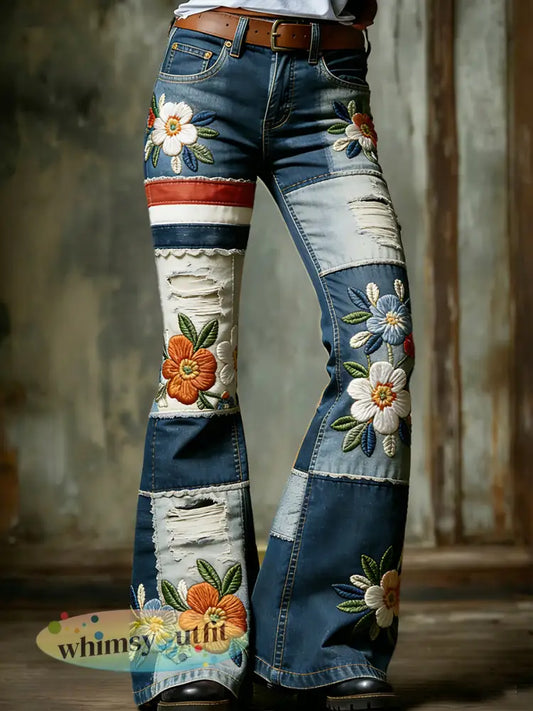 Dames Nederlandse Koningsdag Bloemen en denim patchwork print modieuze uitlopende broek - Blauw / S
