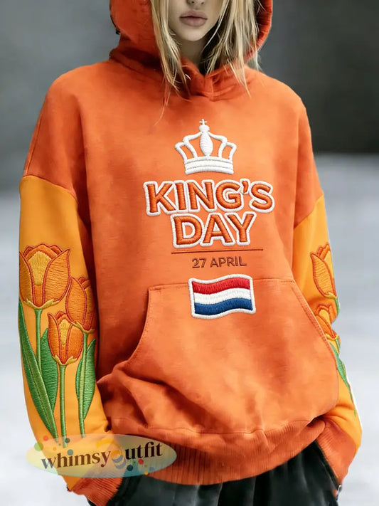 Dames Nederlandse Koningsdag Bloemen Patchwork Print Mode Sweatshirt met capuchon - Sinaasappel / S