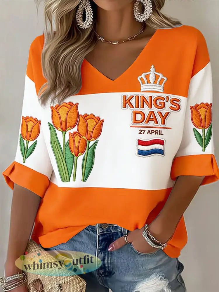 Dames Nederlandse Koningsdag bloemenpatchwork print mode V-hals T-shirt met lange mouwen - Oranje wit / S