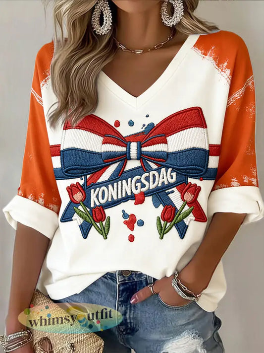 Dames Nederlandse Koningsdag boog 3D-geprinte casual mode V-hals top - Oranje wit / S