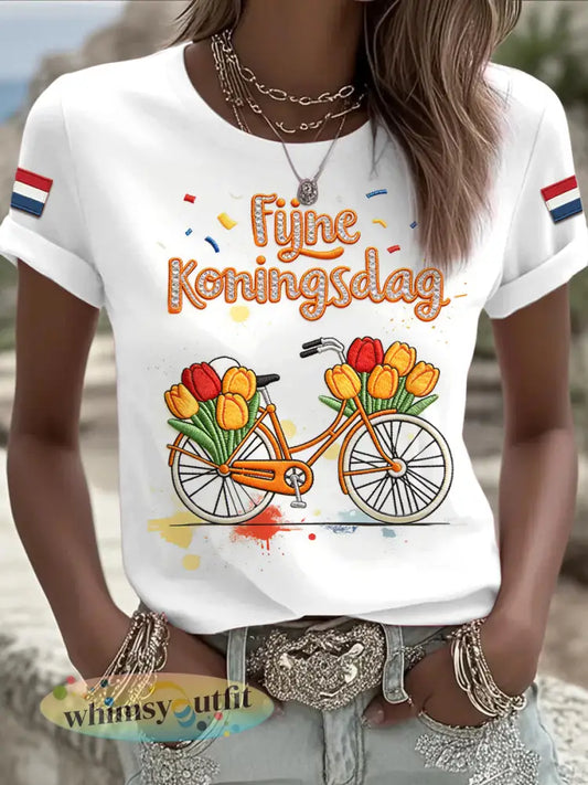 Dames Nederlandse Koningsdag Fun Print Casual T-shirt - Wit / S