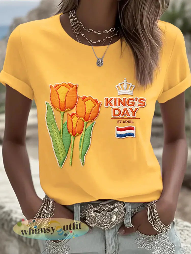 Dames Nederlandse Koningsdag Geborduurde Geborduurde Print Casual T-shirt - Oranje-Geel / S