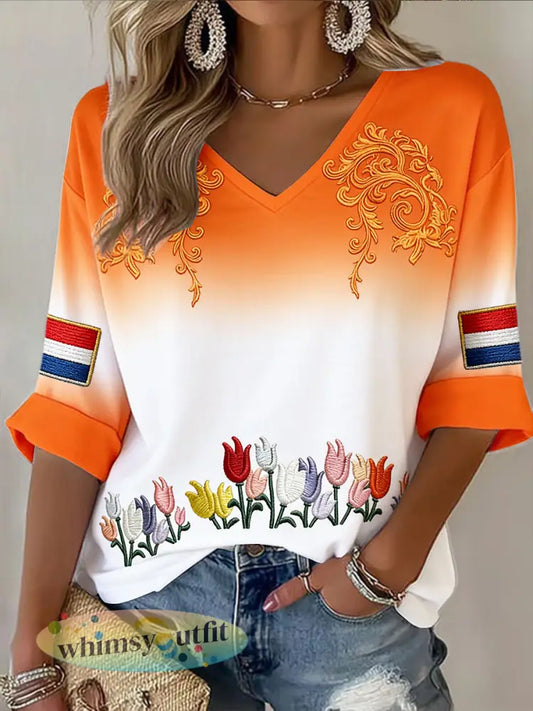 Dames Nederlandse Koningsdag Gradiënt Print Casual V-hals T-shirt - Oranje wit / S