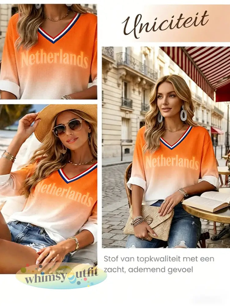 Dames Nederlandse Koningsdag gradiëntprint casual modieuze t-shirt met V-hals