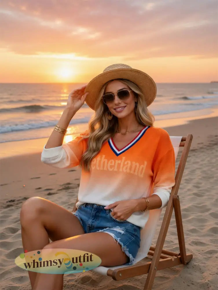 Dames Nederlandse Koningsdag gradiëntprint casual modieuze t-shirt met V-hals