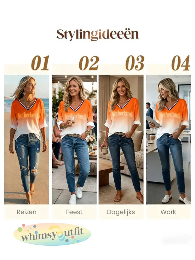 Dames Nederlandse Koningsdag gradiëntprint casual modieuze t-shirt met V-hals
