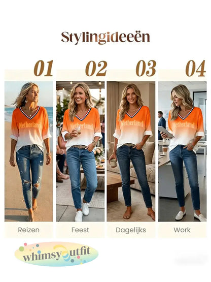 Dames Nederlandse Koningsdag gradiëntprint casual modieuze t-shirt met V-hals