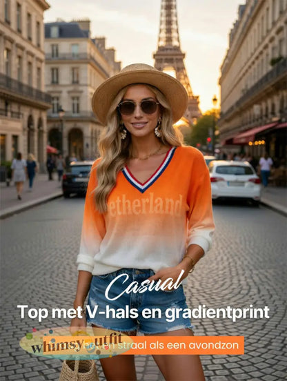 Dames Nederlandse Koningsdag gradiëntprint casual modieuze t-shirt met V-hals