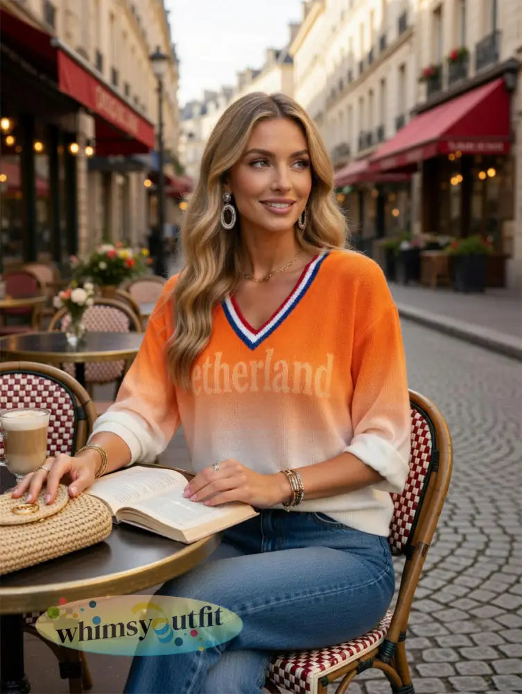 Dames Nederlandse Koningsdag gradiëntprint casual modieuze t-shirt met V-hals