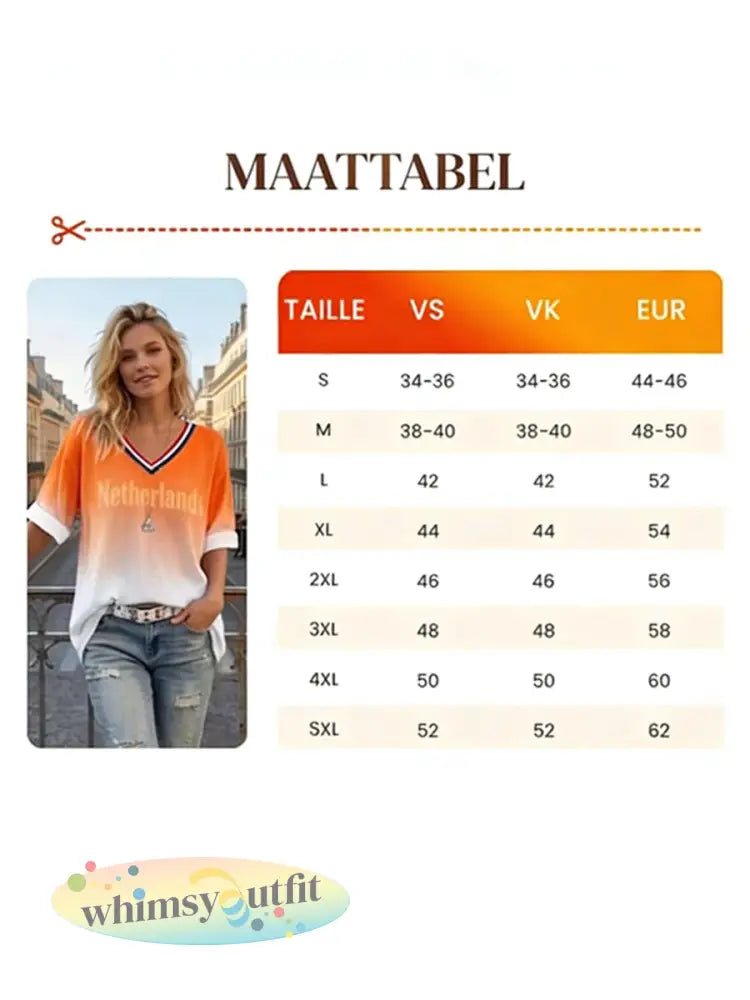 Dames Nederlandse Koningsdag gradiëntprint casual modieuze t-shirt met V-hals