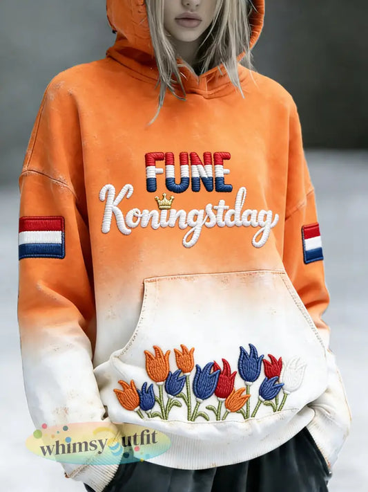 Dames Nederlandse Koningsdag gradiëntprint vintage casual sweatshirt met capuchon - Oranje wit / S