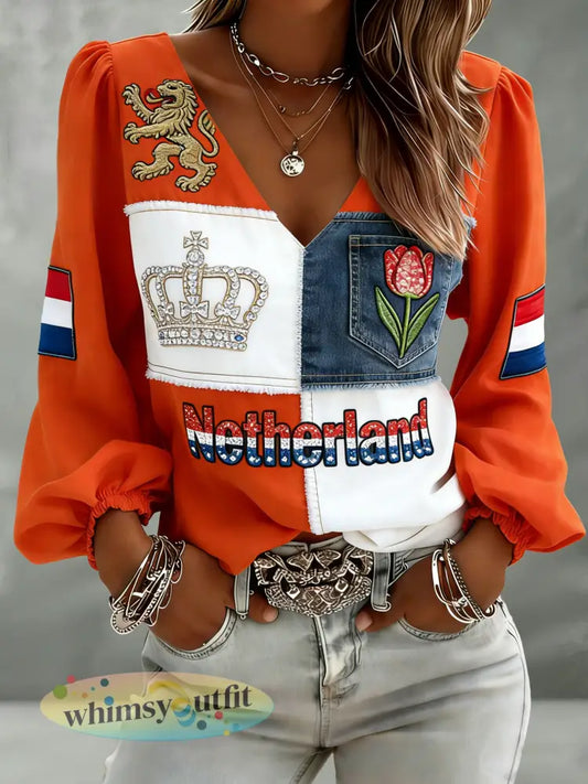 Dames Nederlandse Koningsdag Herdenkingskunst Print Top - A / S