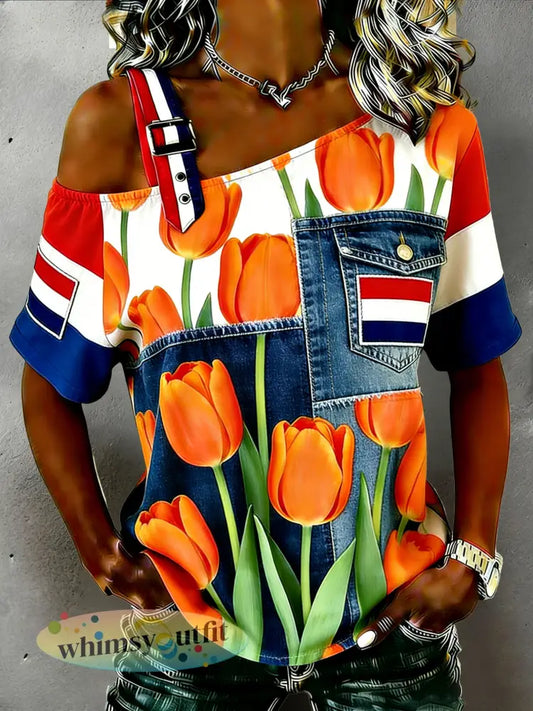 Dames Nederlandse Koningsdag Herdenkingsopdruk Casual T-shirt - A / S