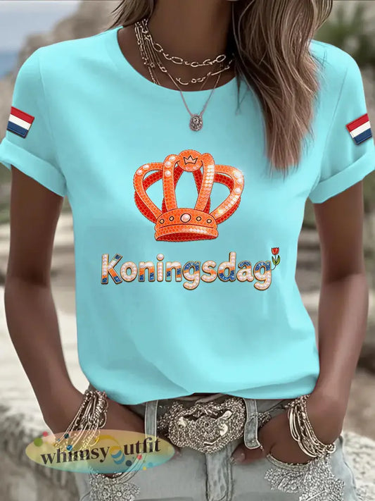 Dames Nederlandse Koningsdag kroonprint blauwgroen casual mode T-shirt - Muntgroen / S