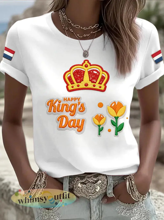 Dames Nederlandse Koningsdag Kroonprint Wit Casual T-shirt - Wit / S
