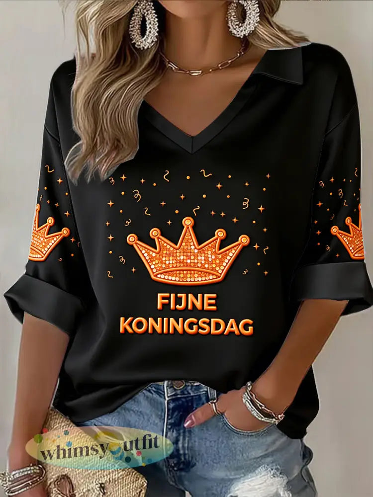 Dames Nederlandse Koningsdag kroonprint zwart mode V-hals T-shirt met lange mouwen - Zwart / S