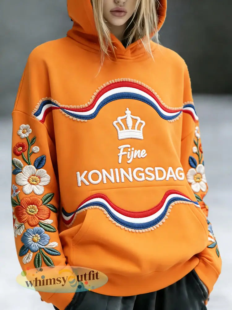 Dames Nederlandse Koningsdag met bloemenprint casual sweatshirt met capuchon - Sinaasappel / S