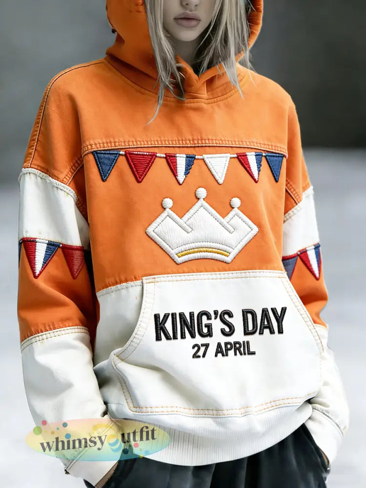 Dames Nederlandse koningsdag patchwork print casual sweatshirt met capuchon - Sinaasappel / S