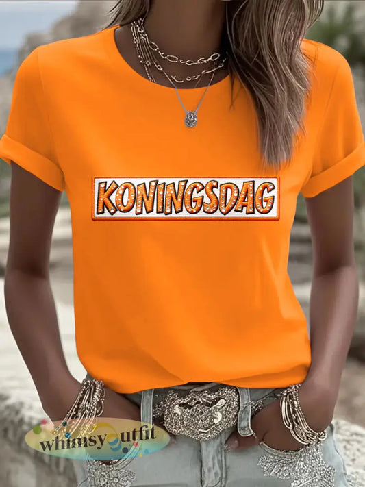 Dames Nederlandse Koningsdag Print Casual T-shirt - Sinaasappel / S