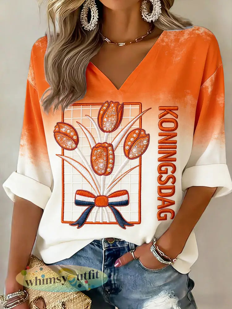 Dames Nederlandse Koningsdag T-shirt met kleurovergang met pailletten - Oranje wit / S