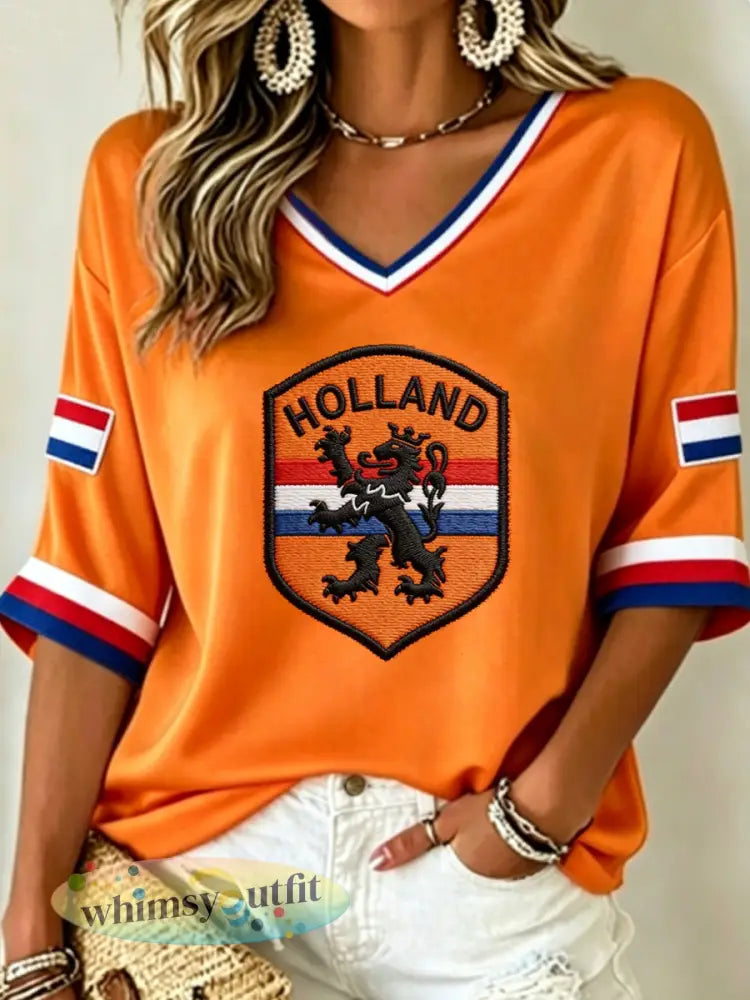 Dames Nederlandse Koningsdag T-shirt met middellange mouwen en V-hals - Sinaasappel / S