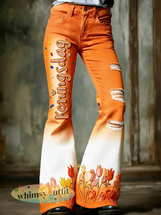 Dames Nederlandse Koningsdag Tulp 3D bloemenprint gradiënt mode uitlopende broek - Oranje wit / S