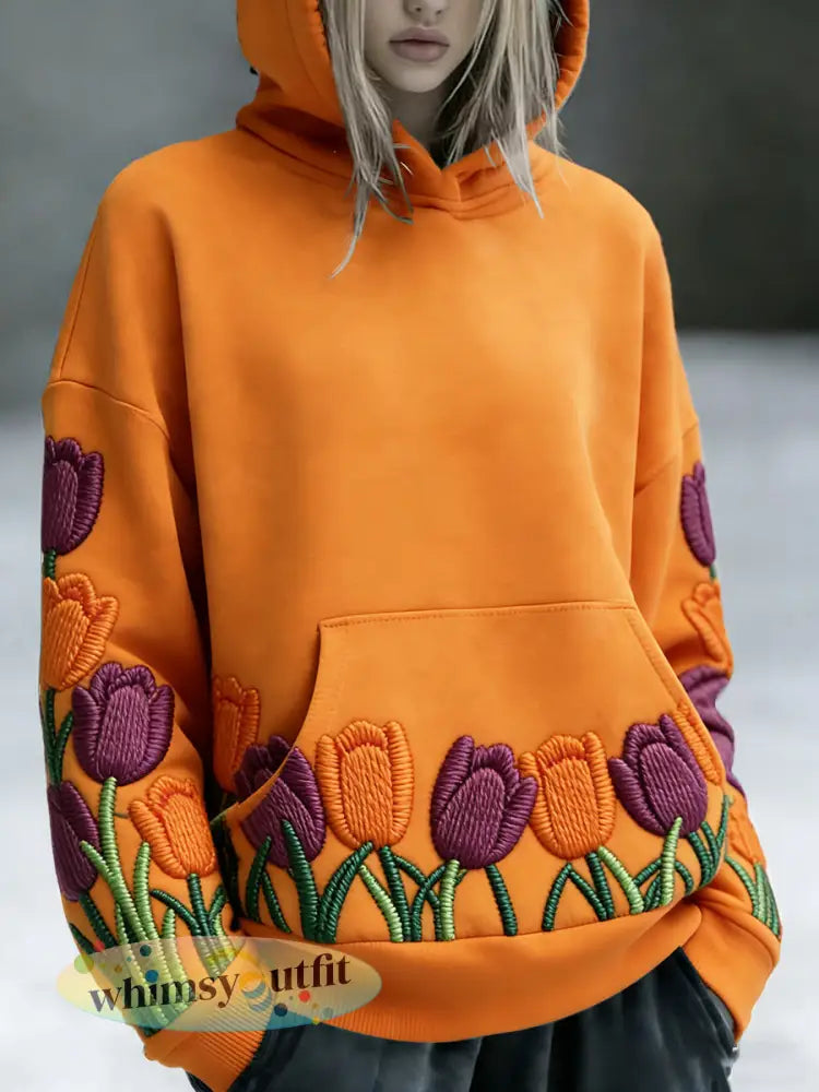 Dames Nederlandse Koningsdag Tulp Bloemenprint Casual Sweatshirt met capuchon - Sinaasappel / S