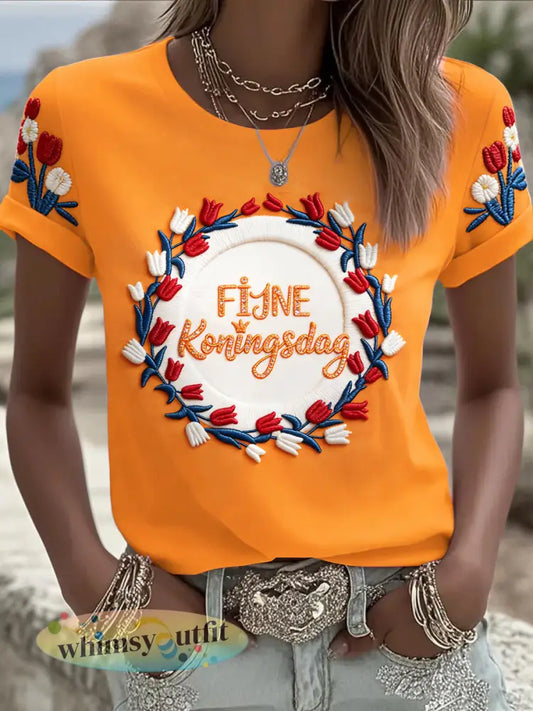 Dames Nederlandse Koningsdag Tulp Bloemenprint Casual T-shirt - Sinaasappel / S