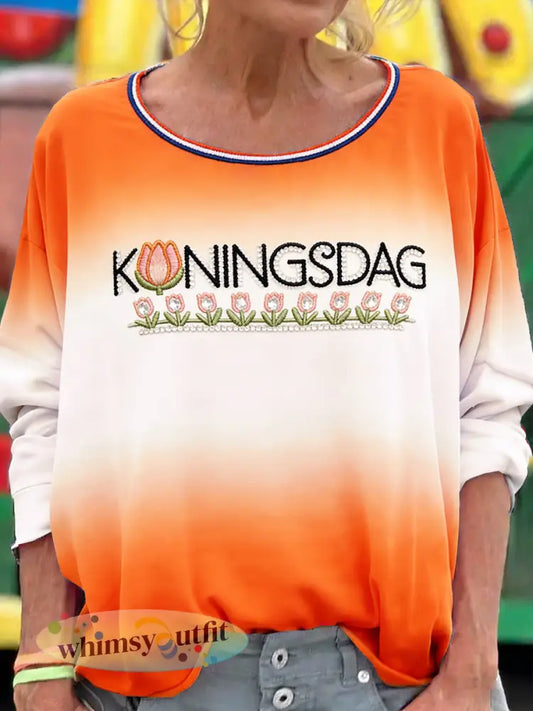 Dames Nederlandse Koningsdag Tulp Gradiëntprint Casual T-shirt met lange mouwen - Oranje wit / S