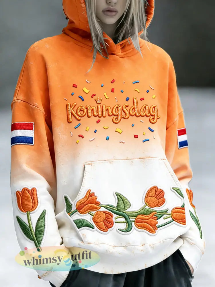 Dames Nederlandse Koningsdag Tulp gradiëntprint vintage casual sweatshirt met capuchon - Oranje wit / S
