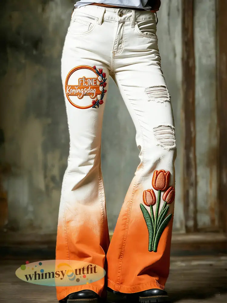 Dames Nederlandse Koningsdag Tulp Verontruste bloemenprint mode uitgeslagen broek - Oranje wit / S