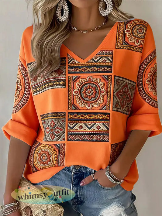 Dames Nederlandse Koningsdag vintage bloemenpatchworkprint casual T-shirt met V-hals - Sinaasappel / S