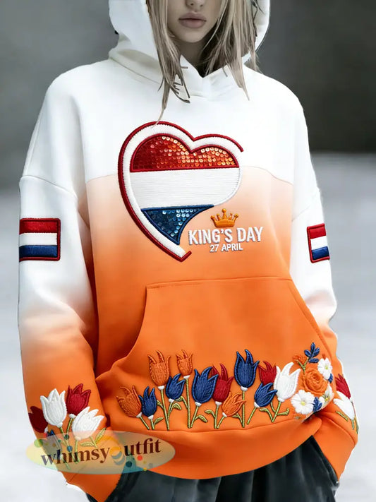 Dames Nederlandse Koningsdag Vlag Gradiënt Print Casual Sweatshirt met capuchon - Oranje wit / S