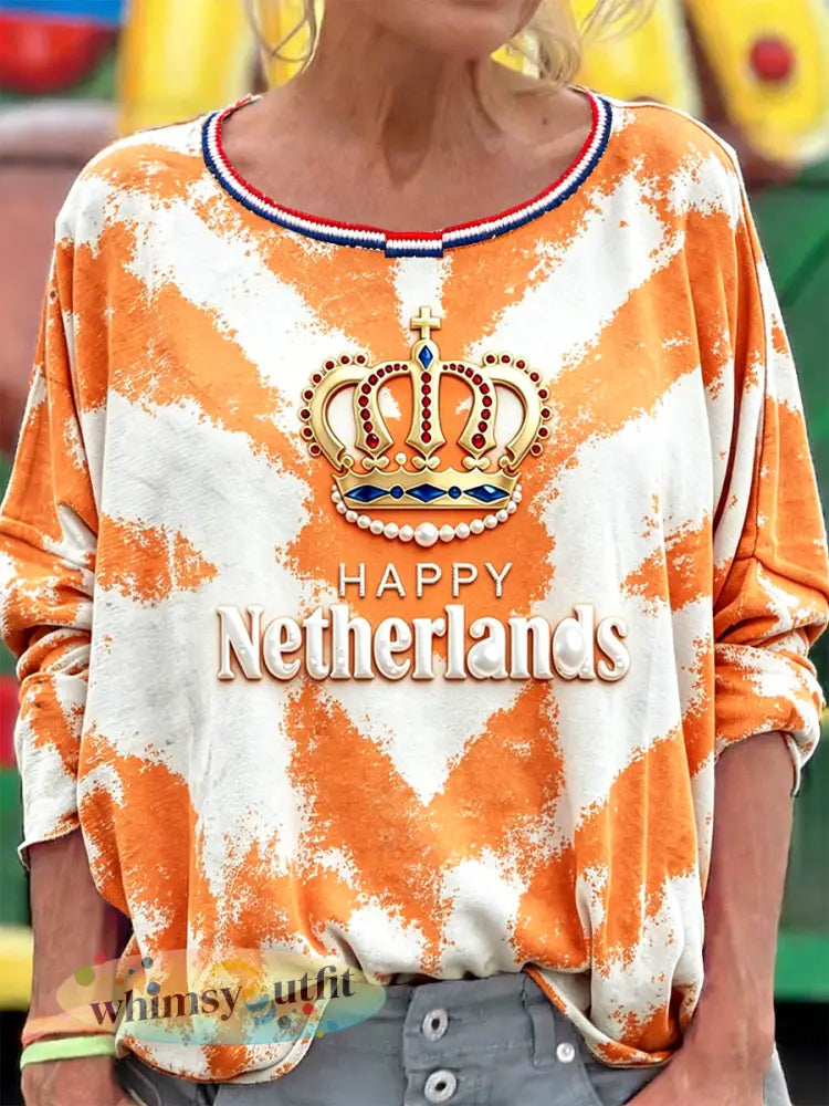Dames Nederlandse Kroon 3D-gedrukt modieus casual T-shirt met lange mouwen - Oranje wit / S
