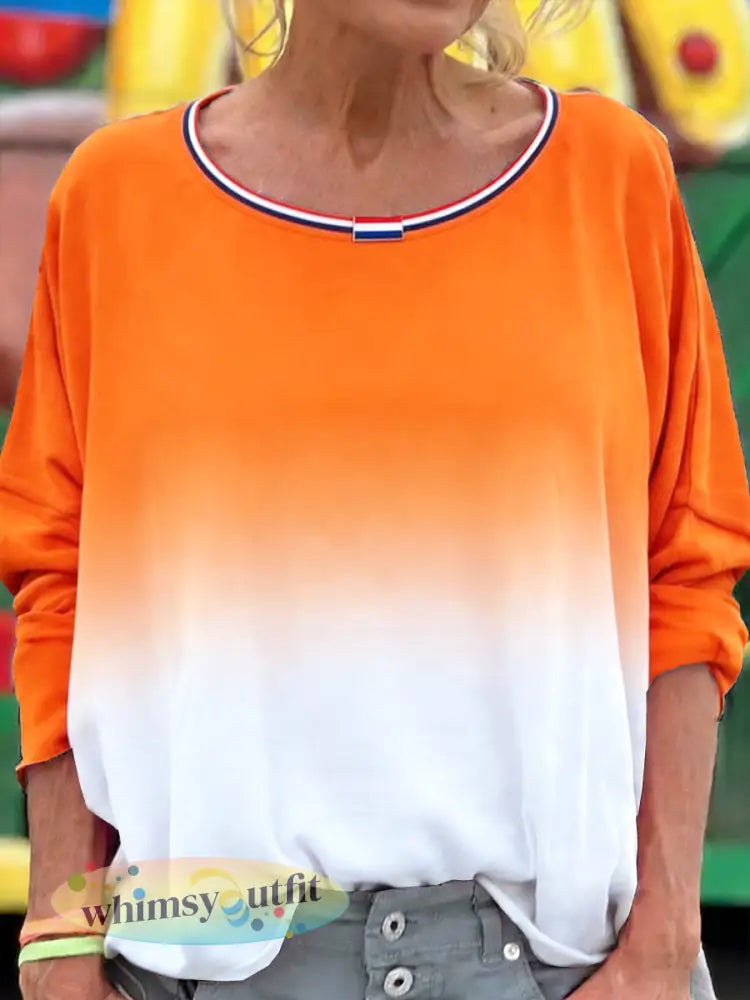 Dames Nederlandse oranje gradiënt print casual T-shirt met lange mouwen - Oranje wit / S