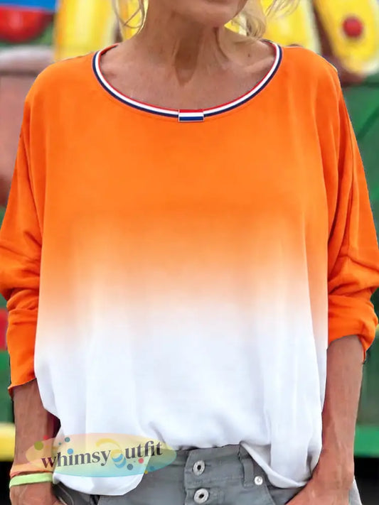 Dames Nederlandse oranje gradiënt print casual T-shirt met lange mouwen - Oranje wit / S